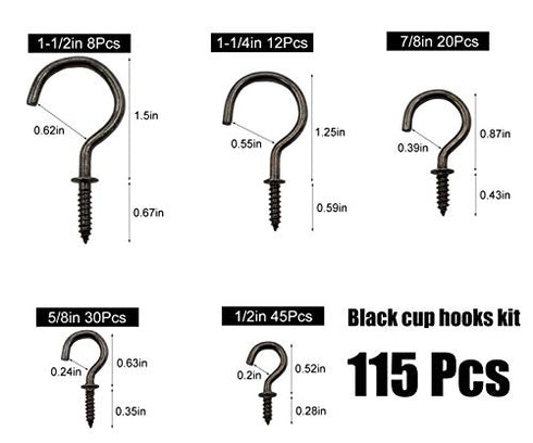 IDEALSV Black Bronze Screw in Cup Hooks Kit 115 Pack 1/2" 5/8" 7/8" 1-1/4" 1-1/2" Ceiling Hooks Plants Hanger Christmas Lights Hooks Hanging Jewelry Hooks Mugs Hooks 5 Size Outdoor/Indoor Use